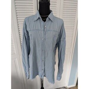 Thrill Jeans Denim Shirt Women's 2X Crystals Light Blue Top Frayed Grunge Glam